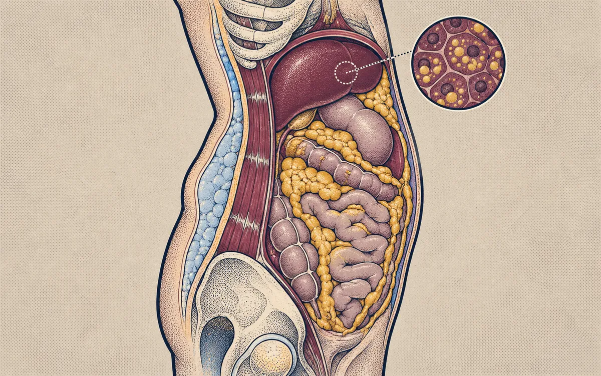 Side-view illustration of the belly: a layer of blue fat just under the skin at the front, yellow fat packed around the organs inside, and a close-up of fat droplets building up inside liver cells