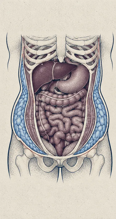 Illustration of a body with the thin layer of fat just under the skin shown in blue