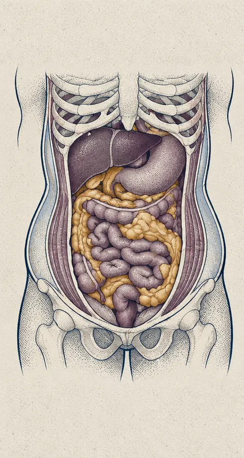 Illustration of a body with fat packed around the organs deep in the belly shown in yellow