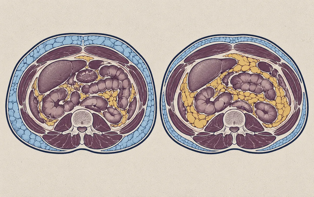 Two cross-sections of the belly: fat under the skin in blue around the edge, and visceral fat in yellow around the organs, more of it on the right