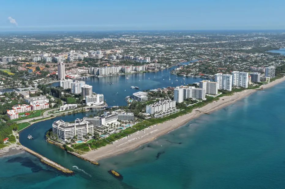 An aerial view of Boca Raton, with the Boca Raton Inlet, Lake Boca Raton and the Atlantic beachfront