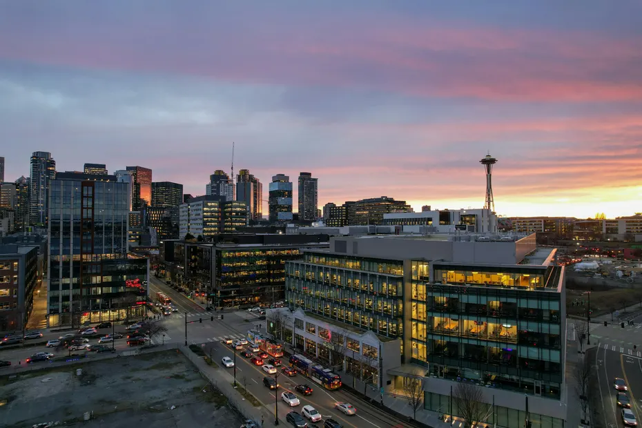 Seattle's South Lake Union skyline at sunset, seen from above