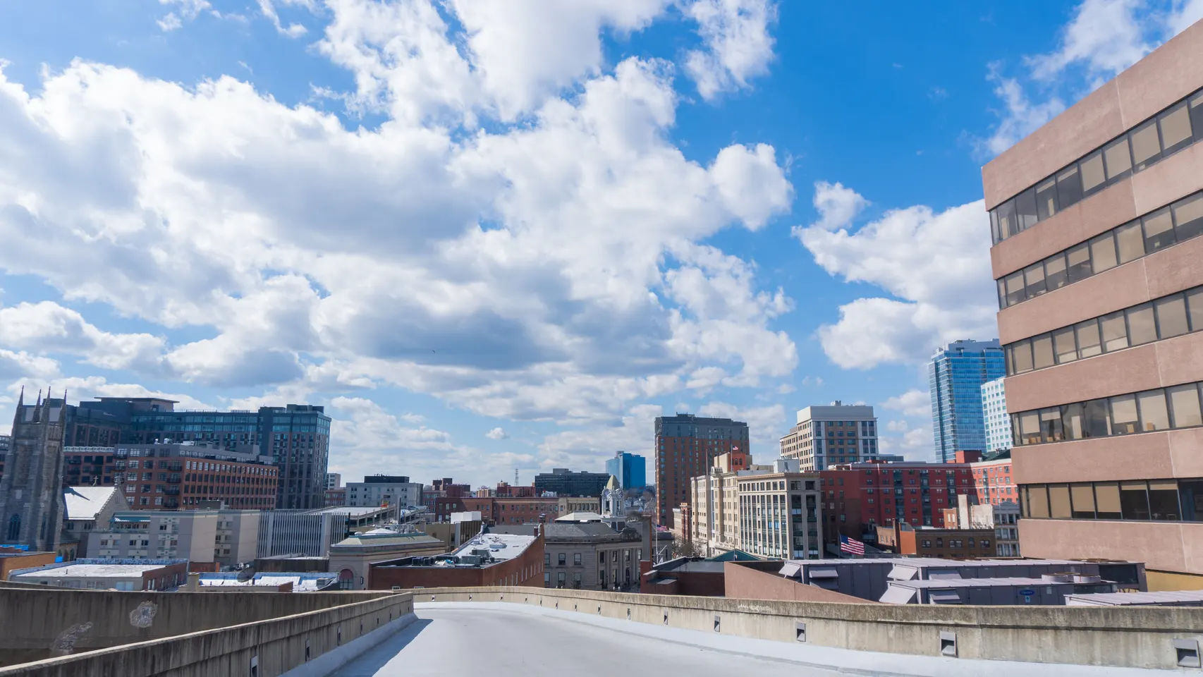 The downtown Stamford, Connecticut skyline seen across the city on a clear day